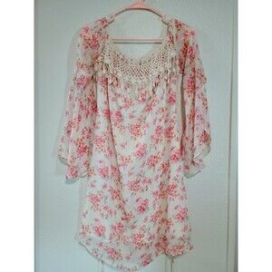 Womens Boho Chic Style Top Pink Floral With Split Sleeves And Drawstring Size S